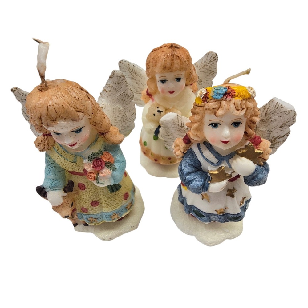 Vintage Set 3 Christmas Angel Wax Candles Figurine Unburned Holiday Decor Candle